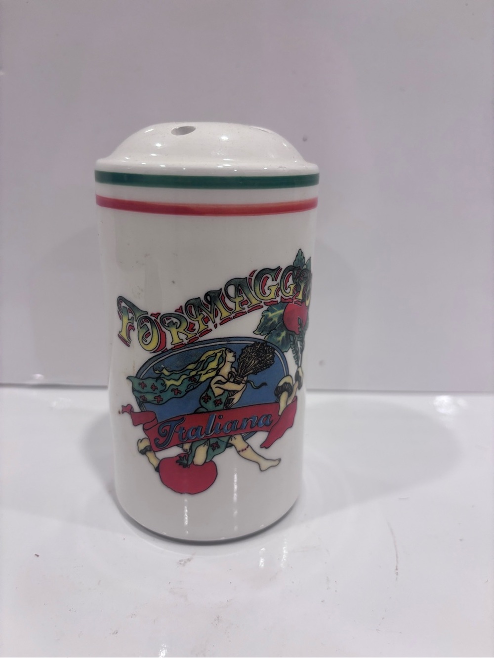Formaggio Italiana Ceramic Parmesan Shaker with Italian Flag Stripes 5”